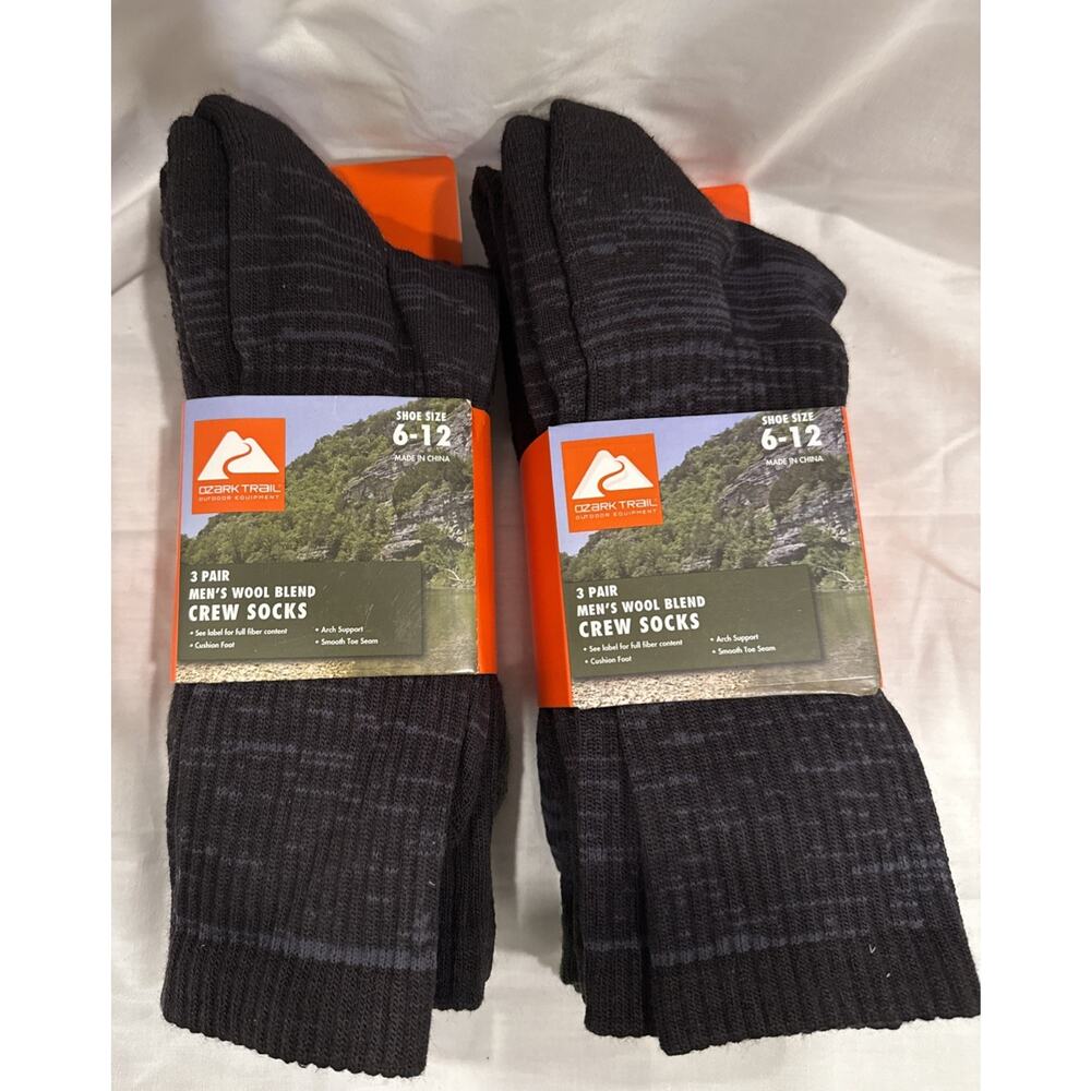 3 Pairs Ozark Trail Crew Socks‎ Wool Blend Black Men's Size 6-12 x 2